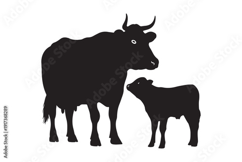 Cow and calf silhouette vector art illustration on white background 