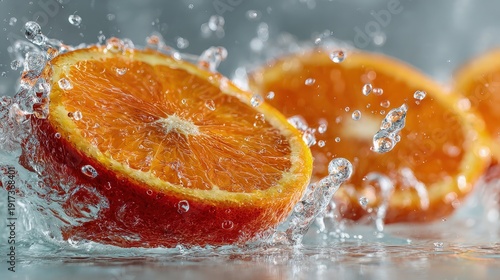 Bright orange slices splashing water crystal droplets refreshing citrus energy high-impact motion white background perfect for imagery