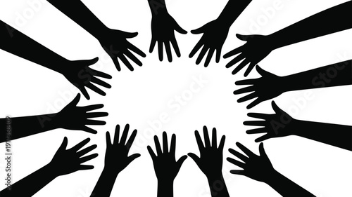 Hands silhouette circle, unity teamwork concept, diverse community support, collaborative people design, inclusive helping gesture art, cad drawing flat vector illustration