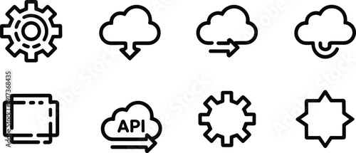 Cloud computing line icons set, download upload api settings and system symbols, modern technology interface elements, minimal outline vector illustration isolated on