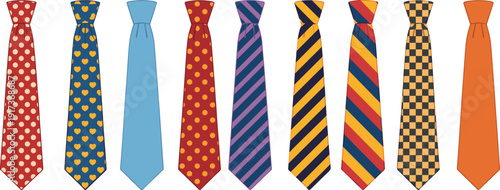 Colorful necktie collection vector set, patterned men fashion accessories with stripes polka dots and checks, isolated ties