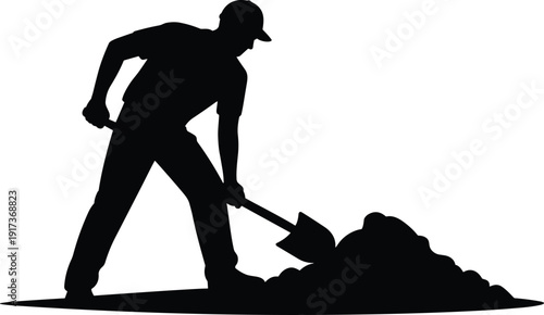 Construction worker digging with shovel silhouette vector illustration, manual labor concept, earthmoving and groundwork activity, editable black worker icon for construction and landscaping design