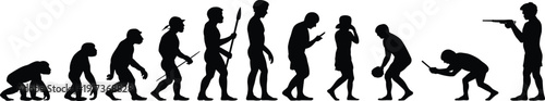 Human evolution silhouette, primates to modern people vector, technology progression design, satirical social commentary art, cad drawing flat vector illustration