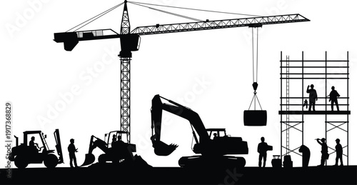 Construction site silhouette with tower crane, excavator, forklift, workers, scaffolding, and heavy machinery for industrial vector illustration