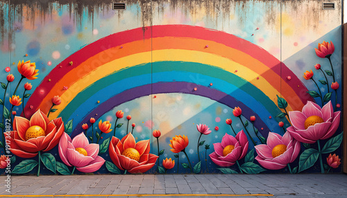 Colorful mural with rainbow and flowers on urban wall  
