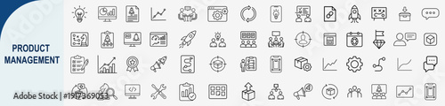 Product management and agile development icons set, outline symbols for project lifecycle roadmap strategy business workflow and production vector illustration
