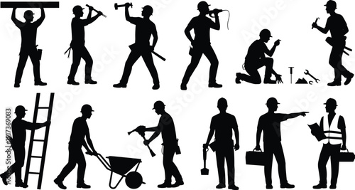 Construction worker silhouettes set, professional builders using tools, industrial labor activities isolated on white background, safety helmet workforce vector illustration