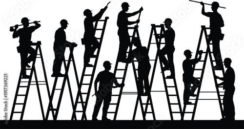 Construction workers on ladders silhouettes vector set showing teamwork with tools, maintenance and repair tasks, industrial labor scene, editable black illustration pack