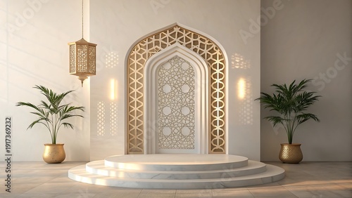 Islamic prayer inspired mockup with abstract mihrab arch and golden lantern in a bright studio