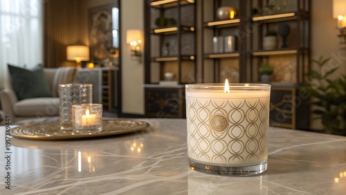 Luxury candle in frosted glass on marble table with warm interior background for home spa mood