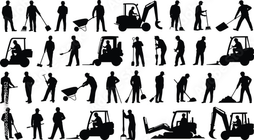 Construction workers silhouette set with tools and machinery, laborers digging, lifting, sweeping and operating equipment, industrial workforce collection isolated on white background