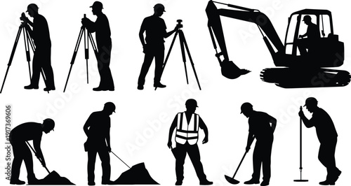Construction workers silhouette set, surveyors and builders using tools and heavy machinery, industrial labor activities concept, black human figures vector isolated on white background