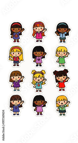 A 2D illustration of twelve diverse cartoon children standing in three rows against a white background.