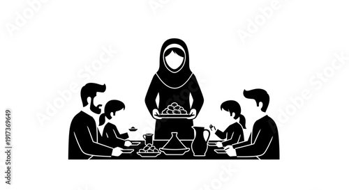 Woman Serving Food Family.