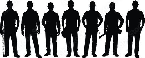 Construction workers silhouettes illustration, industrial labor team wearing safety helmets with tools, professional workforce lineup concept, black people outline vector isolated on white background