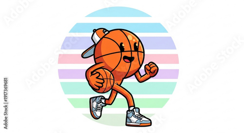 Orange Basketball Character Running Fast on Striped Background