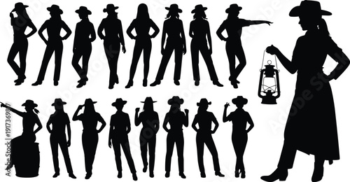 Cowgirl silhouette set with hat and lantern, western female poses and gestures, cowboy lifestyle concept illustration isolated on white background