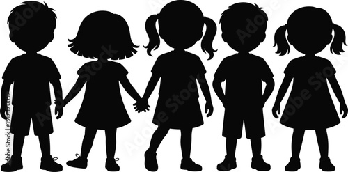Cute kids silhouette vector set of boys and girls holding hands, child friendship group isolated on white background