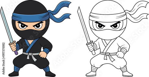 Cute ninja character illustration set, cartoon warrior with sword, colored and outline versions, Japanese martial arts mascot, kids design vector isolated on white background