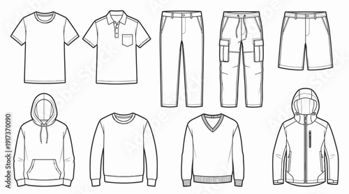 Set of male clothing fashion technical flat sketches including t-shirt, polo, hoodie, jacket and trousers, concept for fashion design documentation, apparel manufacturing and clothing line branding