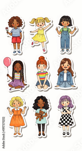 A 2D illustration of nine diverse cartoon girls standing in three rows against a white background, showcasing various poses and outfits.