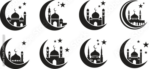 Set of stylized mosque and crescent moon icons with stars, suitable for Islamic holidays and designs.