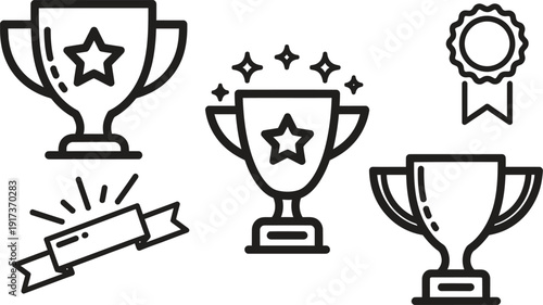 Set of Line Art Trophies, Ribbons, and Stars for Victory, Award, and Achievement Concepts