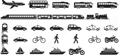 Black and white vector icon set of diverse transportation vehicles including cars, buses, trains, airplanes, bicycles, and boats.