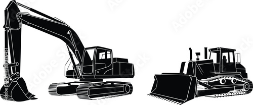 Excavator and bulldozer construction equipment vector illustration, detailed crawler machines, earthmoving machinery, heavy-duty tracked vehicles, site machinery 