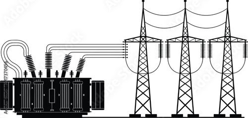 Electric power transmission illustration, high voltage transformer connected to transmission towers and lines, energy distribution infrastructure concept, industrial