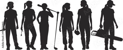 Silhouette of diverse professions and activities, workers with tools and sports equipment vector, industrial and lifestyle design art, cad drawing flat vector illustration