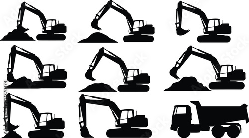 Excavator working process silhouettes vector set with digging stages and dump truck, construction earthmoving sequence, heavy machinery workflow icons, editable black vector illustration pack