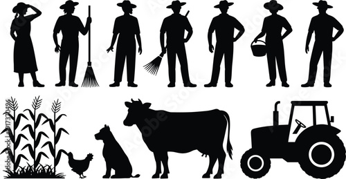 Farmers and agriculture silhouettes vector set featuring rural workers, farm tools, crops, livestock, tractor, countryside life icons for farming and rural design projects