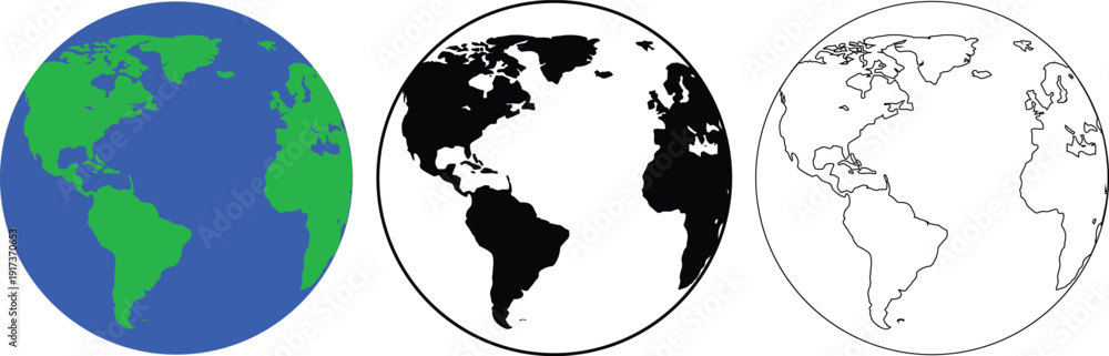 Obraz premium World Globe Set in Color Silhouette and Outline Vector