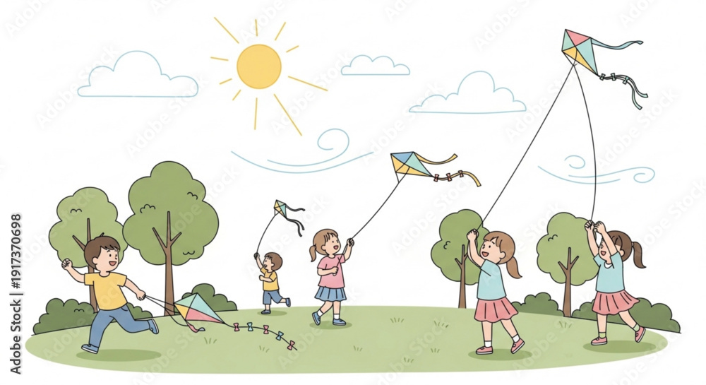 Obraz premium Children playing with colorful kites on a sunny day in a green field with trees