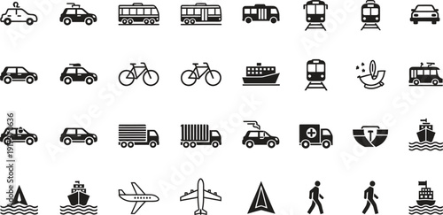 Comprehensive icon set illustrating various forms of transportation, including cars, buses, trains, airplanes, and boats.