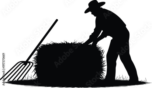 Farmer stacking hay bale silhouette vector illustration, rural agriculture work scene with pitchfork, harvest season concept, editable black farming worker icon for design