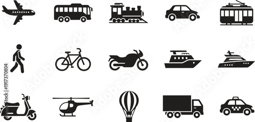 Diverse transport icons: A graphic set of black and white icons showcasing different vehicles and travel methods.