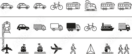 Travel and transport icons: A versatile set of black icons illustrating various modes of transportation.