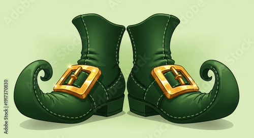 Green elf boots with gold buckles on light green background festive holiday footwear