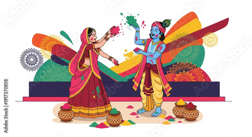 Vibrant indian couple celebrating holi festival with colorful powders traditional clothing joyful expressions festive background