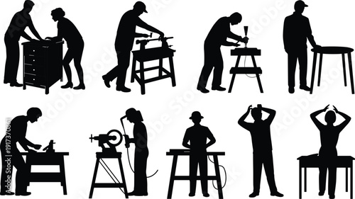 Furniture making and woodworking silhouettes vector set showing carpenters crafting tables, cabinets, sawing, drilling and assembling, workshop activity icons, editable black vector illustration pack