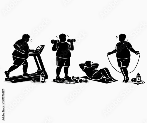Overweight Man Doing Workout Exercises – Weight Loss Silhouette Set