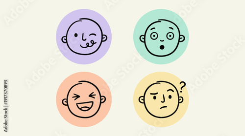 Set of four minimalist hand drawn human face icons with emotional expressions in colorful circles, concept for psychological evaluation, user feedback interface and emotional intelligence training