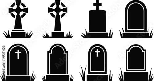 Gravestone and cross tombstone silhouettes vector set featuring cemetery memorials, headstones and Christian grave markers, mourning and remembrance icons, editable black vector illustration pack