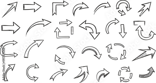 Collection of hand-drawn arrows: Diverse arrow shapes and styles, perfect for adding direction and emphasis in designs.
