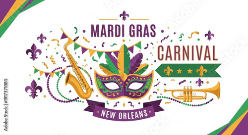 Mardi gras carnival celebration in new orleans with colorful mask saxophone and trumpet