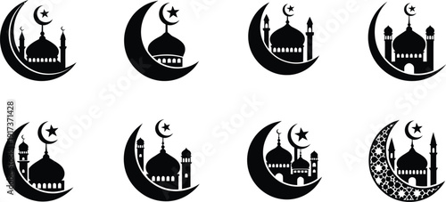 Collection of Islamic mosque icons with crescent moons and stars, perfect for Ramadan and Eid holiday designs.
