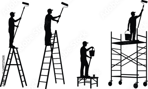 House painter silhouettes vector set showing workers painting walls on ladders and scaffolding, renovation and home improvement concept, editable black vector illustration pack