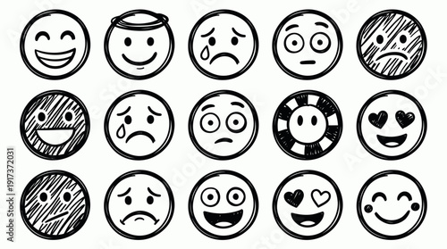 Hand drawn sketchy emoji faces showing various human emotions in black ink on white background, concept for digital communication design, user feedback interface and social media icons